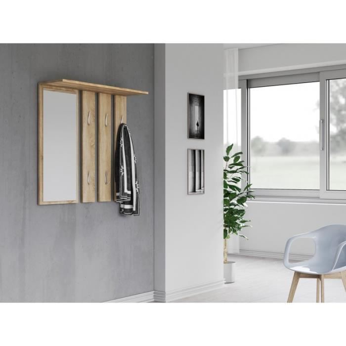 Porte-manteau mural - REGGY - 6 crochets doubles - Miroir - Étagère - Beige - 85x82x15cm