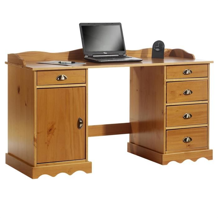 Bureau Sandrine Multi Rangements 5 Tiroirs Et 1 Placard Avec Corniche En Pin Massif Lasure Couleur Miel Achat Vente Bureau Bureau En Pin Sandrine Avec Cdiscount