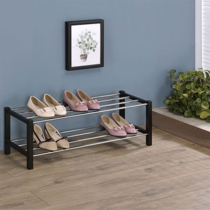 Étagère à chaussures DUBLIN rangement porte-chaussures avec 2 niveaux pour 8 paires en métal chromé et laqué noir