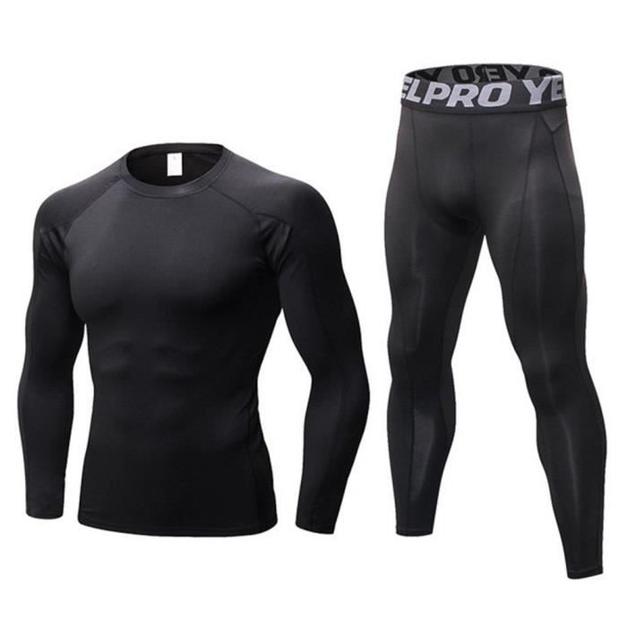 Ensemble de Compression Fitness Homme - Noir - Hauts à Manches Longues -  Séchage Rapide