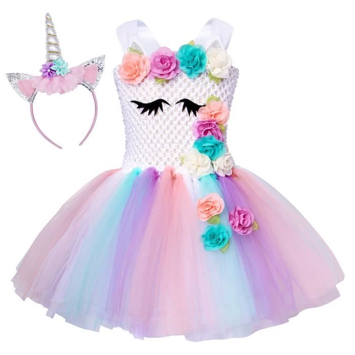 Jupe Licorne Fille - JUREBECIA - Modèle Dress Up Été - Tulle Arc-en-ciel - Fleurs cousues - Nœud amovible