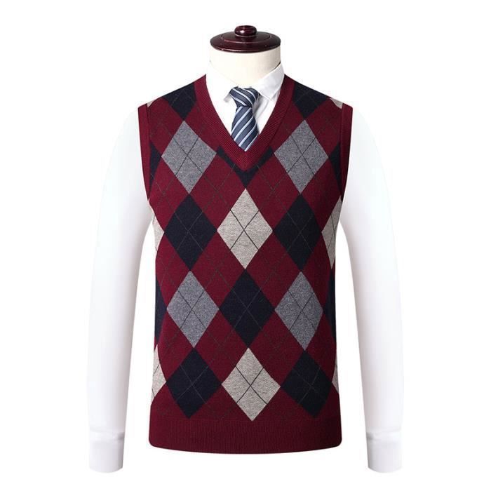 Pull Cardigan Sans Manches Homme – Bordeaux Argyle – Taille L – Vintage