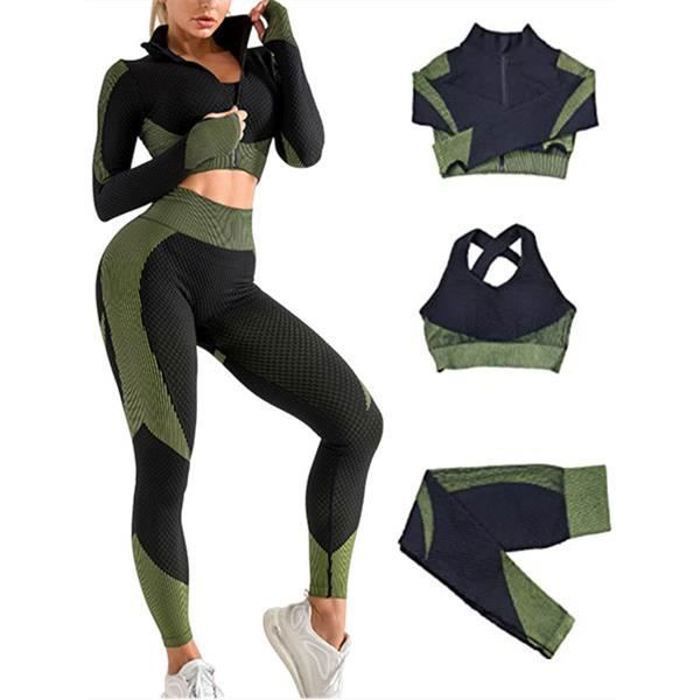 Vetement de Sport Femme 3 Pieces Survetements D entrainement Ensembles Brassiere Haut Legging De Yoga Sportswear Fitness Tenues Vert