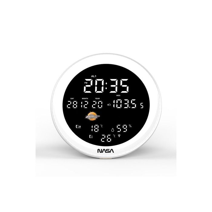 Station Météo NASA Avec Enceinte Bluetooth - Écran LCD 5,3", 3 Capteurs Extérieurs - Horloge, Radio FM, Design Bois