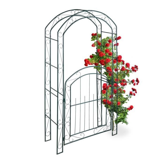 Relaxdays Arcade de rosiers avec porte, Arche pour plantes grimpantes, H x L X P: 215 x 115 x 43 cm, vert foncé