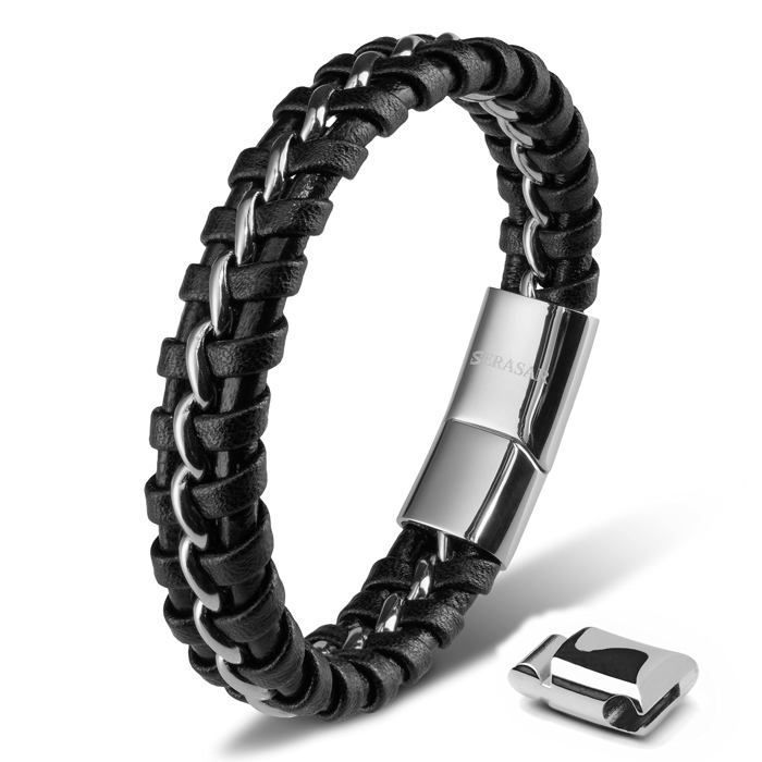 Bracelet en Cuir pour Homme SERASAR B010-23 Argent  Bracelet élégant avec fermoir magnétique cadeau parfait pour père ou frère