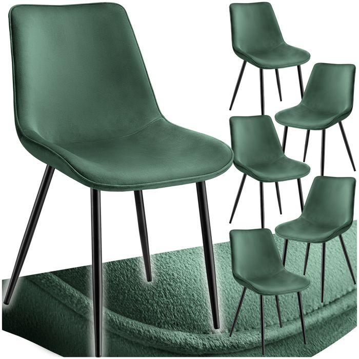 Chaise - TECTAKE - Lot de 6 fauteuils MONROE aspect velours et ergonomique pieds en acier noir 48 x 59 x 825 cm - Vert foncé