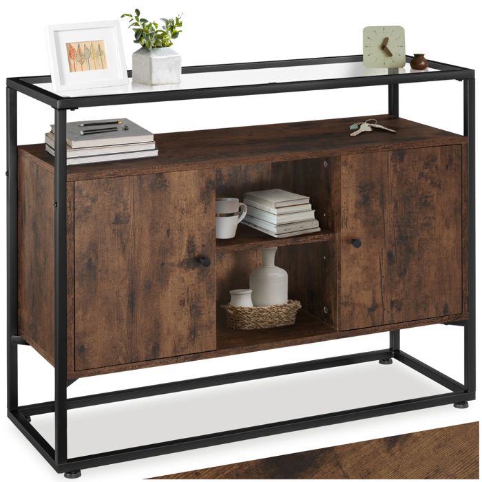 Commode - TECTAKE - Buffet OLDHAM en bois et acier avec 3 étagères et plateau en verre 100 x 38 x 805 cm - Bois foncé
