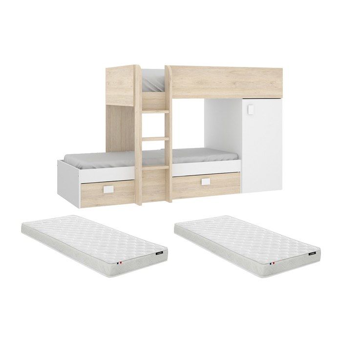 Lits superposés dangle réversibles RICARDO - 2 x 90 x 190 cm - Rangements intégrés - Chêne et blanc + matelas