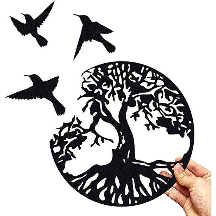 Déco murale arbre de vie et oiseaux cercle en métal noir 45 cm