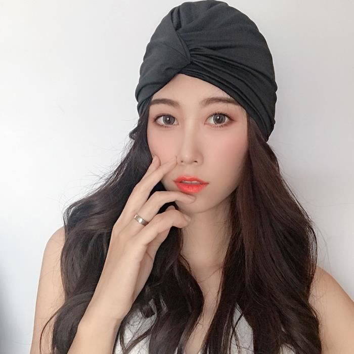 Bonnet De Bain Élastique Plissé Pour Cheveux Longs – Bonnet Natation Nylon Confortable Anti-Glisse – Noir