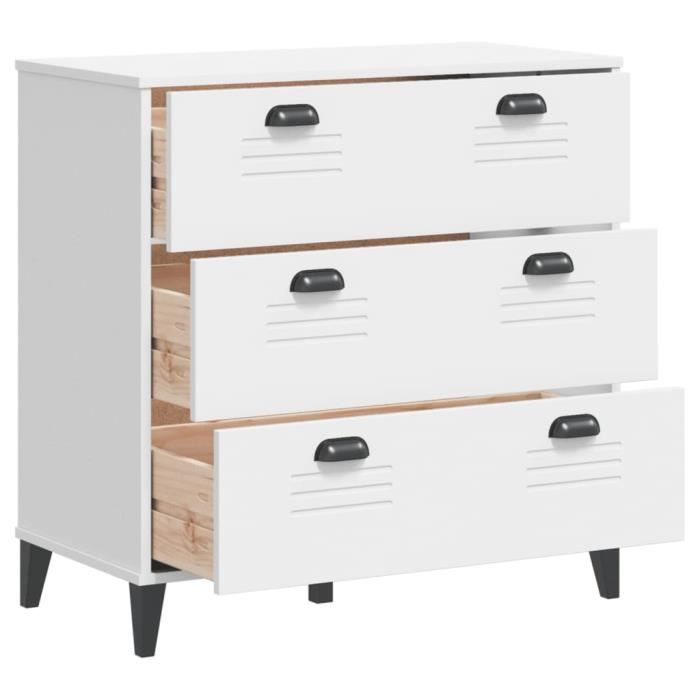 Commode - ZERODIS - VIKEN - Bois de pin massif - 3 tiroirs - Blanc
