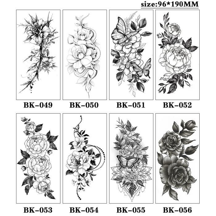 Tatouages Temporaire, 24 Feuilles Fake Tattoos, Fleurs Noires