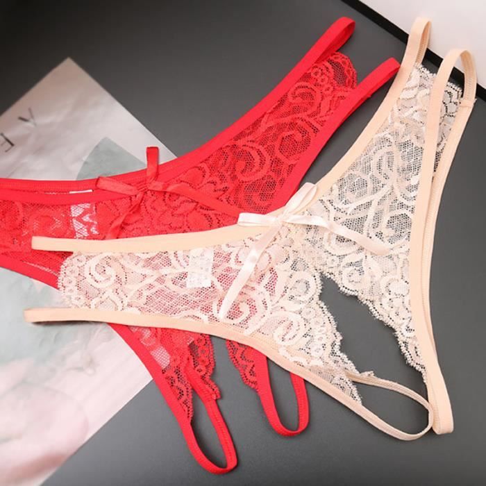 Culotte sexy en dentelle avec ouverture a l entrejambe pour femme string transparent sous vetement avec n ud papillon couleur unie Cdiscount Boutique Erotique