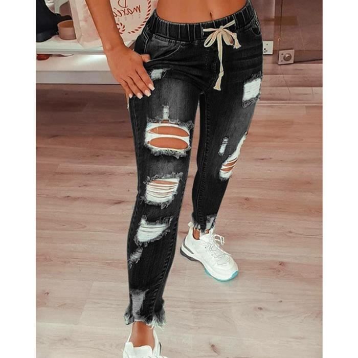 Femmes couleur unie bandage trou haut jeans evasements cheville