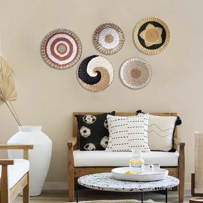 Lot De 6 Paniers Muraux Décoratifs Bohème En Rotin - Suspension Murale Avec Glands Et Fleurs