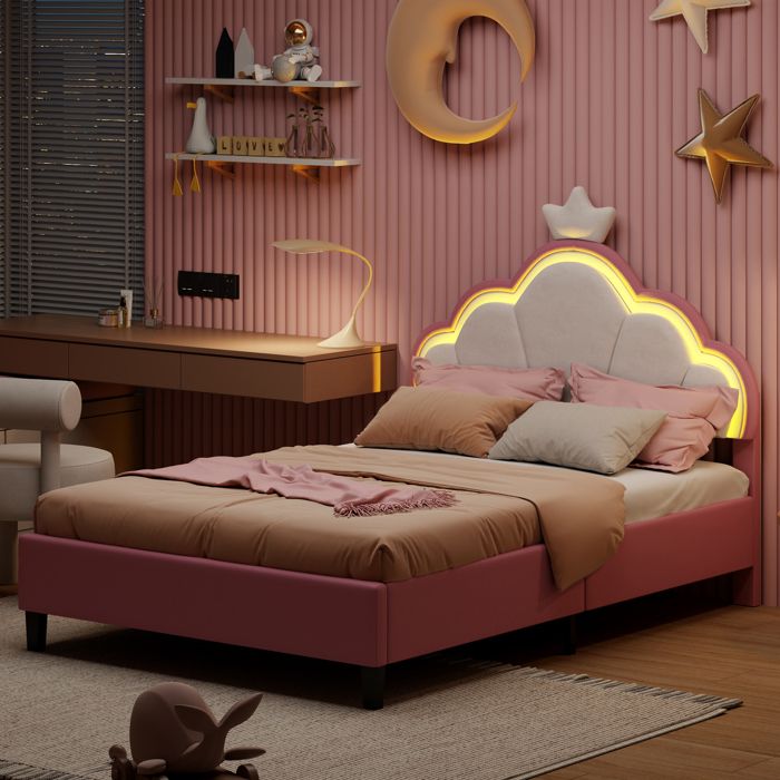 Lit enfant avec 2 tiroirs Lit 140x200 cm éclairage dambiance télécommandé lit princesse tête de lit réglable PU rose - Maison Lit enfant avec 2 tiroirs Lit 140x200 cm éclairage dambiance télécommandé lit princesse tête de lit réglable PU rose - Maison