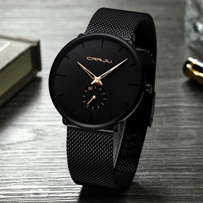 Montre Homme Tavan Noire Rétro - Mince, Mouvement Japon, Cuir, Garantie Usine