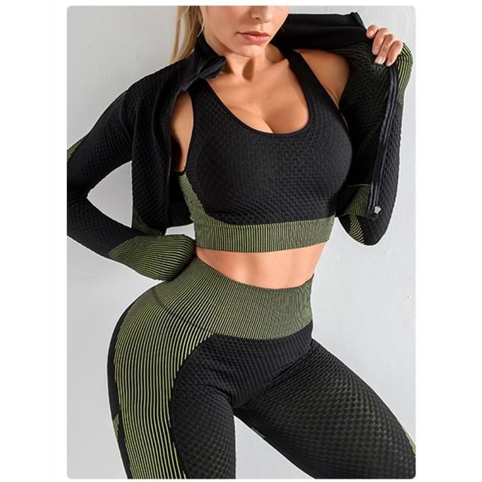 Survêtement Fitness Femme Ensemble Legging et Top, Sportswear sans soudure  Femme Set Motif de camouflage Tracksuit 2 pièces Tenue Leggings et chemises  à manches longues Chemises de Yoga Top Course Gym 