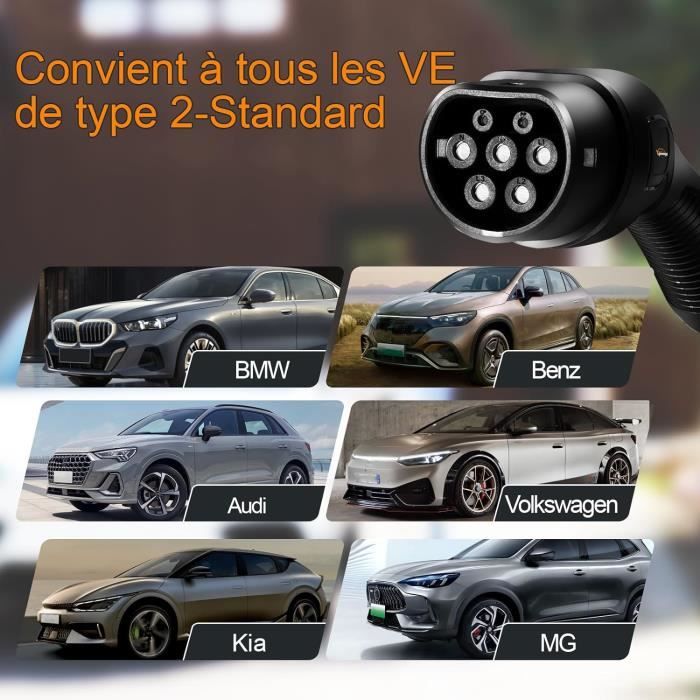 Chargeur Voiture électrique Type 2 - 3,5 KW, Câble 5m, Prise Schuko - Écran Tactile, Réglable 6-16A - Compatible BEV/PHEV - 2