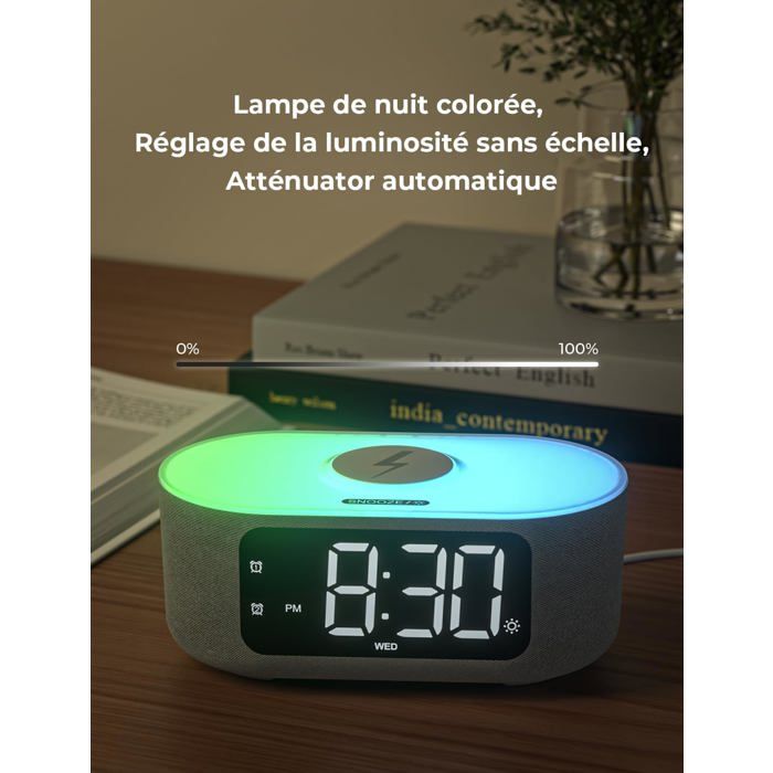 Radio Réveil Bluetooth Avec Charge Sans Fil 15W - Enceinte Bluetooth, FM, 13 Modes LED, USB | Pour Table De Chevet, Ambiance Lumineuse