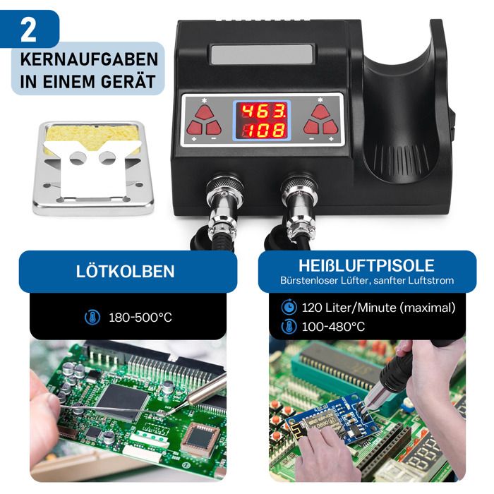 2 en 1 Station de Soudage, Fer à Souder Air Chaud, 700W,100-480℃ Kit de Soudure avec LED Numérique, 5 Pannes, 3 Buses de Pistolet