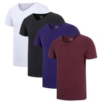 Lot de 4 T-shirt Homme Col V Manches Courtes Stretch Tee Shirt Slim Fit Tops D'été Couleur Unie - Blanc/noir/bleu/rouge