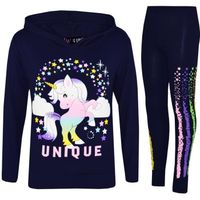 Unique Rainbow Tamponnez Unicorn Imprimé à capuchon Haut Et legging Ensemble Survêtemen Pour Fille 7-13 Ans
