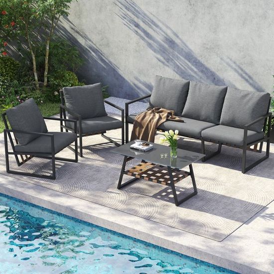Ensemble Salon Jardin Megashopitalia - Canapé + 2 Fauteuils + Table Basse Verre - Extérieur