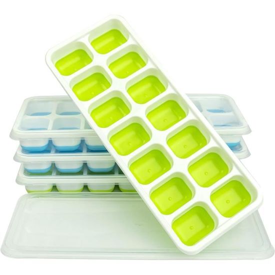 Lot De 4 Bacs à Glaçons Silicone - 14 Cavités Avec Couvercle - Sans BPA - Lavable Lave-Vaisselle