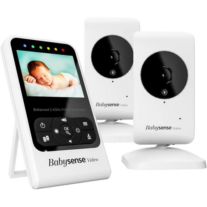 Babysense Moniteur vidéo pour bébé avec caméra et audio, écran 2,4 po, fourni avec deux caméras, berceuses et bruit blanc, modèle V2