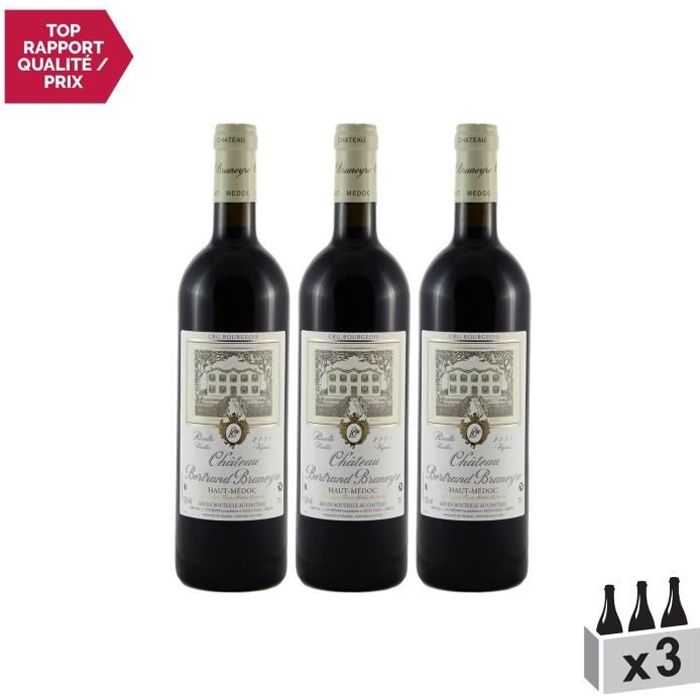 Château Bertrand Braneyre Rouge 2001 - Lot de 3x75cl - Appellation AOC Haut-Médoc - Vin Rouge de Bordeaux - Cépages Merlot,