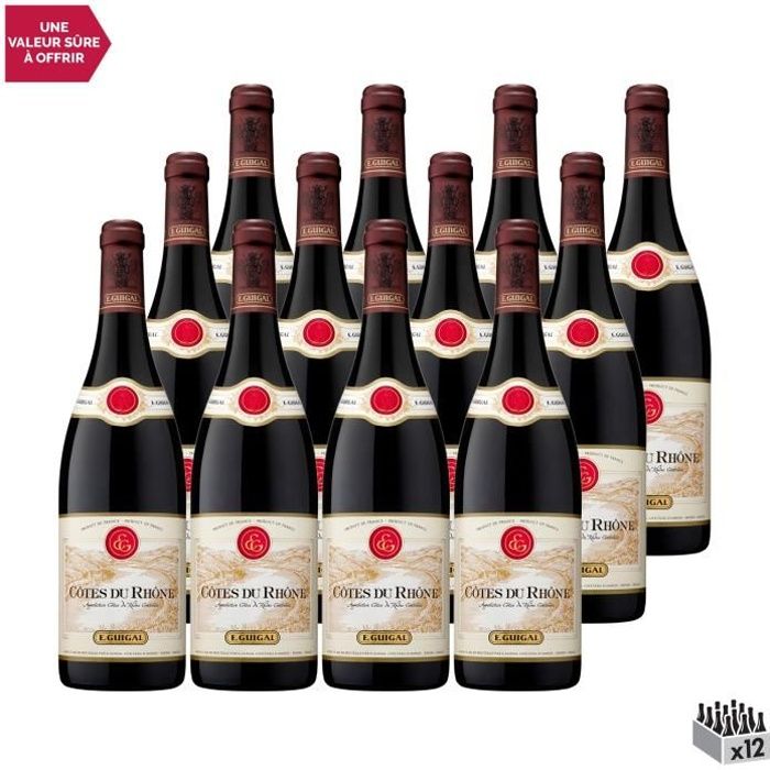 Côtes du Rhône Rouge 2018 - Lot de 12x75cl - Maison Guigal - Vin AOC Rouge de la Vallée du Rhône - Cépages Grenache, Syrah, Mourvèdr