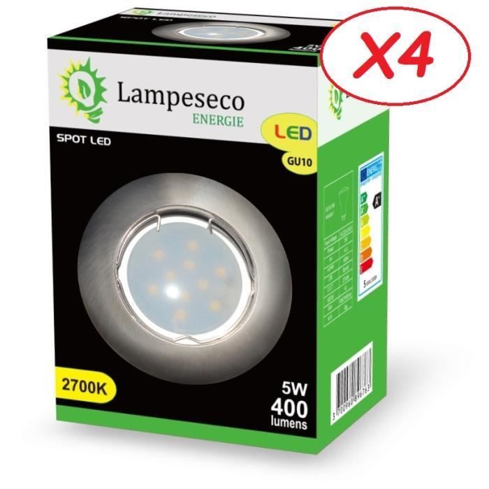 Lot de 4 Spot Led Encastrable Complete Alu Brossé Lumière Blanc Chaud 5W eq.50W ref.763