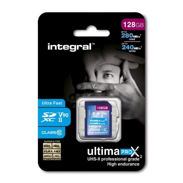 Integral - SD XC 128Go, Carte Mémoire UltimaPro X2 Ultra Haute Vitesse jusqu'à 280Mb-s, Pour Enregistrement Video 4K, 8K, 360, 3D