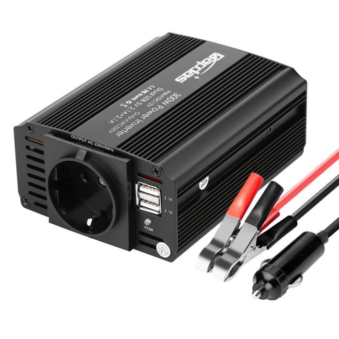 Bapdas 300W Convertisseur Transformateur DC 12V AC 220V-240V, Ports USB Dual 5V - 2.1A Corps en Aluminium avec Attaches de Batter