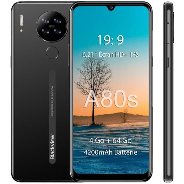 Blackview A80s Smartphone 4G 6.22'' Écran 64 Go Octa Core Android 10 Téléphone portable Débloqué GPS 13MP Caméra Double Sim - Noir