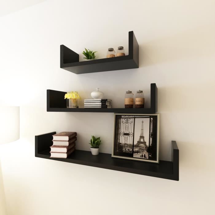 3 Etagères Murales en forme U MDF Noir pour DVD/Livres/Plantes pour Chambre Salon Pratique Durable
