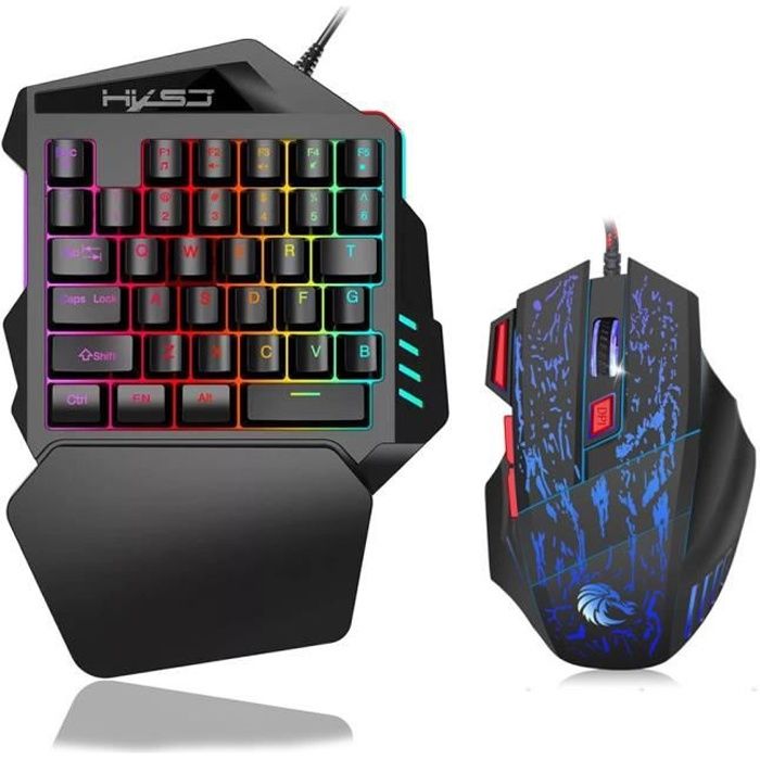 HXSJ J50 Clavier de jeu à une main 35 touches rétro-éclairage LED+souris de jeu filaire avec lumière respiratoire 5500 DPI 7 bouton