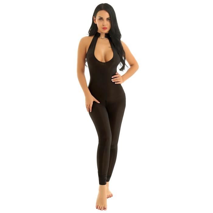 Sexy Legging de Sport Femme Body String Combinaison Ouverte Entrejambe Justaucorps Catsuit Buste Halter Neck Lingerie Leotard M L