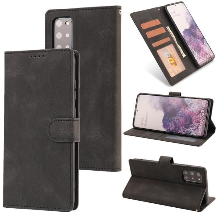Étui Samsung Galaxy S20 Plus (5G), Portefeuille à Rabat Porte-Cartes en Cuir Housse Protection Simple Ultra-fin Support, Noir