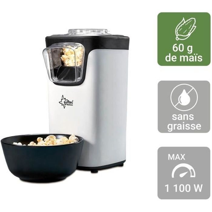SUNTEC Machine à pop-corn POP-8618 FAT FREE, système à air chaud, aide au dosage dans le couvercle transparent