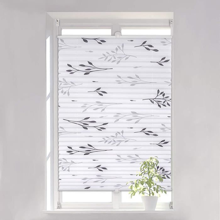 WOLTU Store plissé Fixation sans perçage,Store de fenêtre avec Motif de Feuilles,70x130cm,Gris