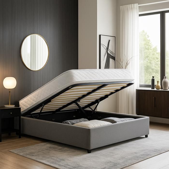 Lit à Sommier Tapissier Gris Clair 160x200 Cm – Tissu Polyester, Lattes En Contreplaqué – Stable Et Confortable