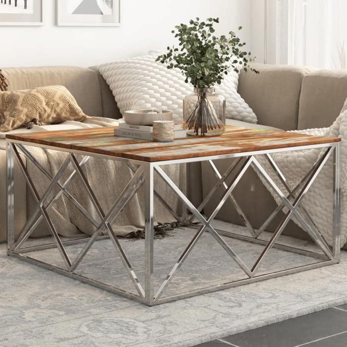chic table de salon moderne table basse argenté inox et bois de récupération massif fr85954