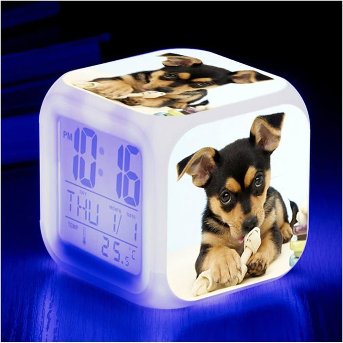 Réveil Numérique Enfant Motif Vache - Affichage LED, Veilleuse, Minuteur, Alarme Personnalisable (beige Ou Bleu)