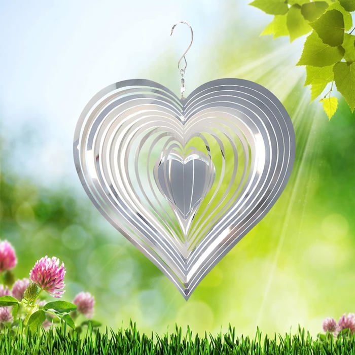 Moulin à Vent En Acier Inoxydable En Forme De Cœur 3D – Décoration De Jardin Suspendue Pour Effrayer Les Oiseaux