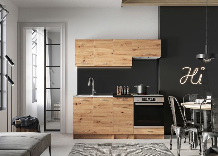Cuisine complète MILA 6 éléments couleur chêne Artisan avec plan de travail inclus -Longueur 180 cm Cuisine complète MILA 6 éléments couleur chêne Artisan avec plan de travail inclus -Longueur 180 cm
