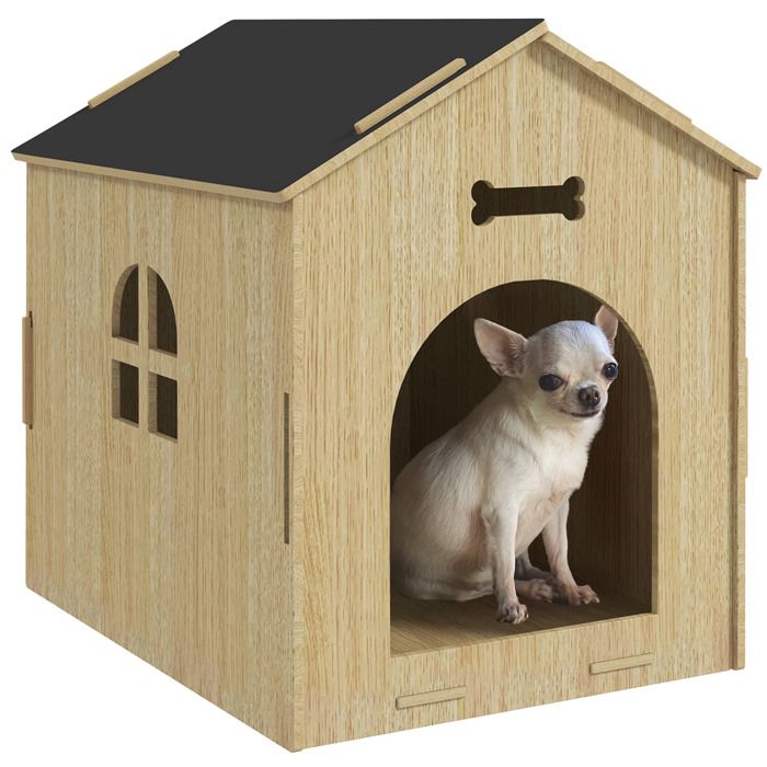 Meilleurs prix pour Niche intérieure en kit motif os - niche en bois intérieur - pour petits chiens - grande entrée, fenêtre - effet bois noir