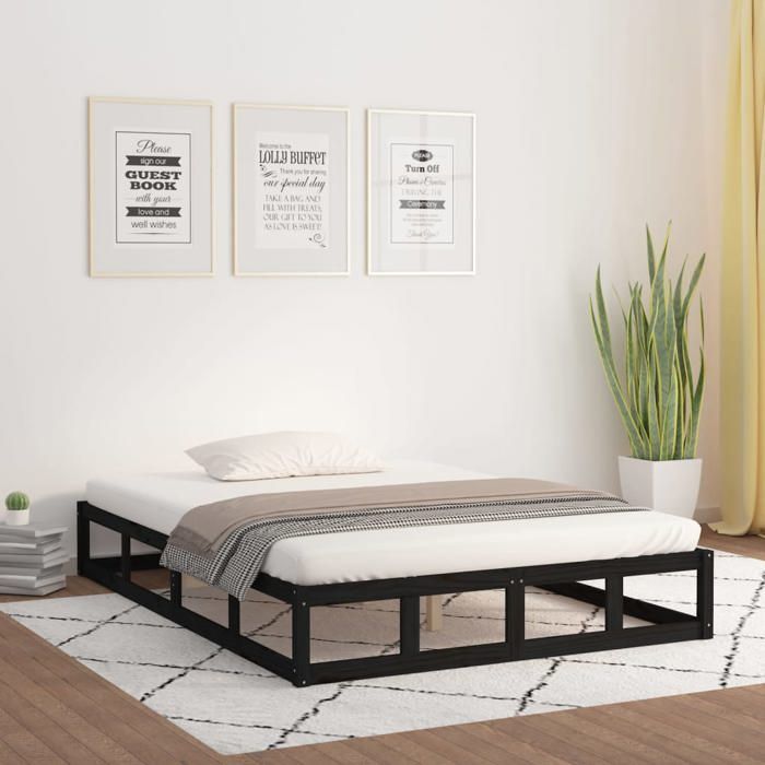 Lit classique double - Cadre de lit - sans matelas - noir 120x190 cm - bois massif DECO JA4945943